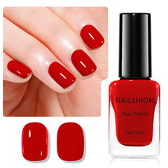 Nailshion red nail polish bottle close-up showing toxin-free formula and long-lasting color.