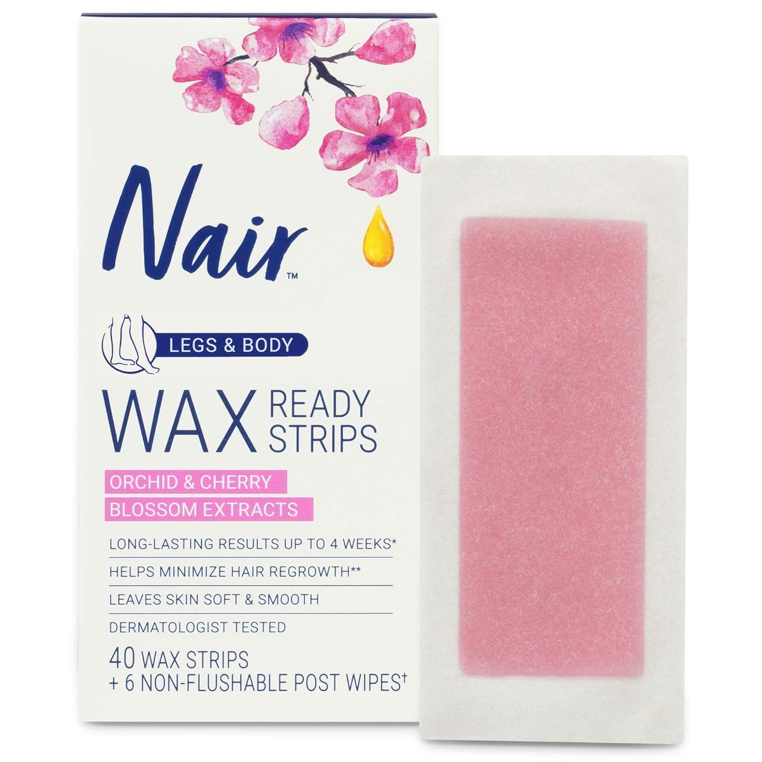 Nair hair remover wax ready-strips natural oil ingredient highlights rice bran oil.