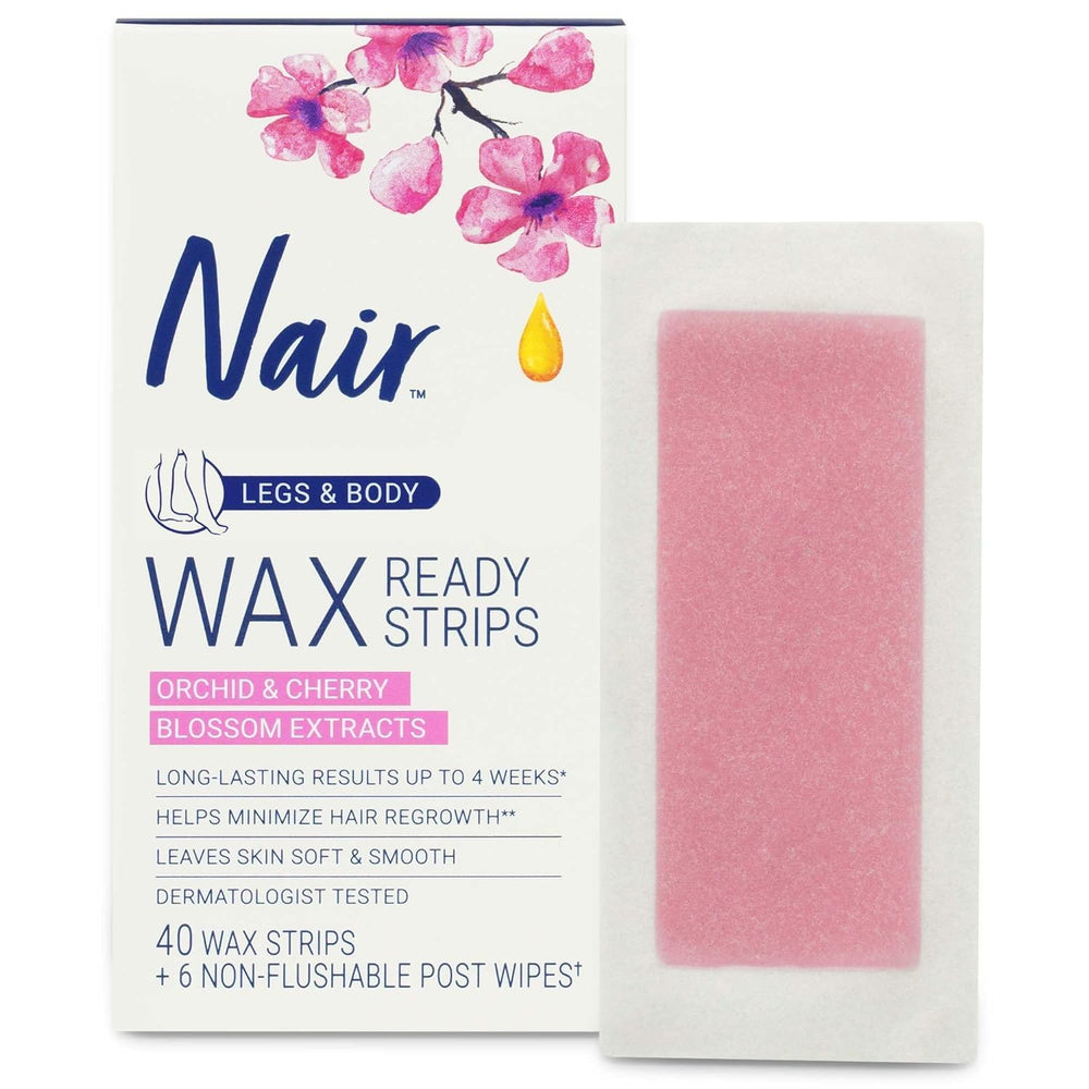 Nair hair remover wax ready-strips natural oil ingredient highlights rice bran oil.