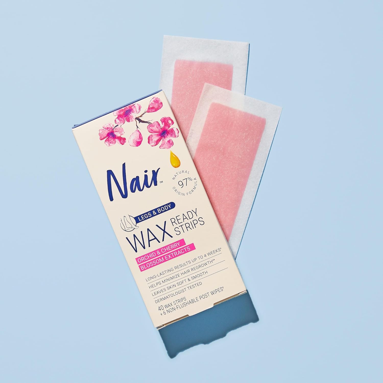 Nair hair remover wax ready-strips packaging top view highlights two-pack value.
