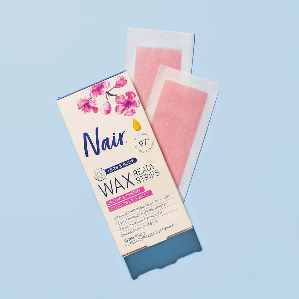 Nair hair remover wax ready-strips packaging top view highlights two-pack value.