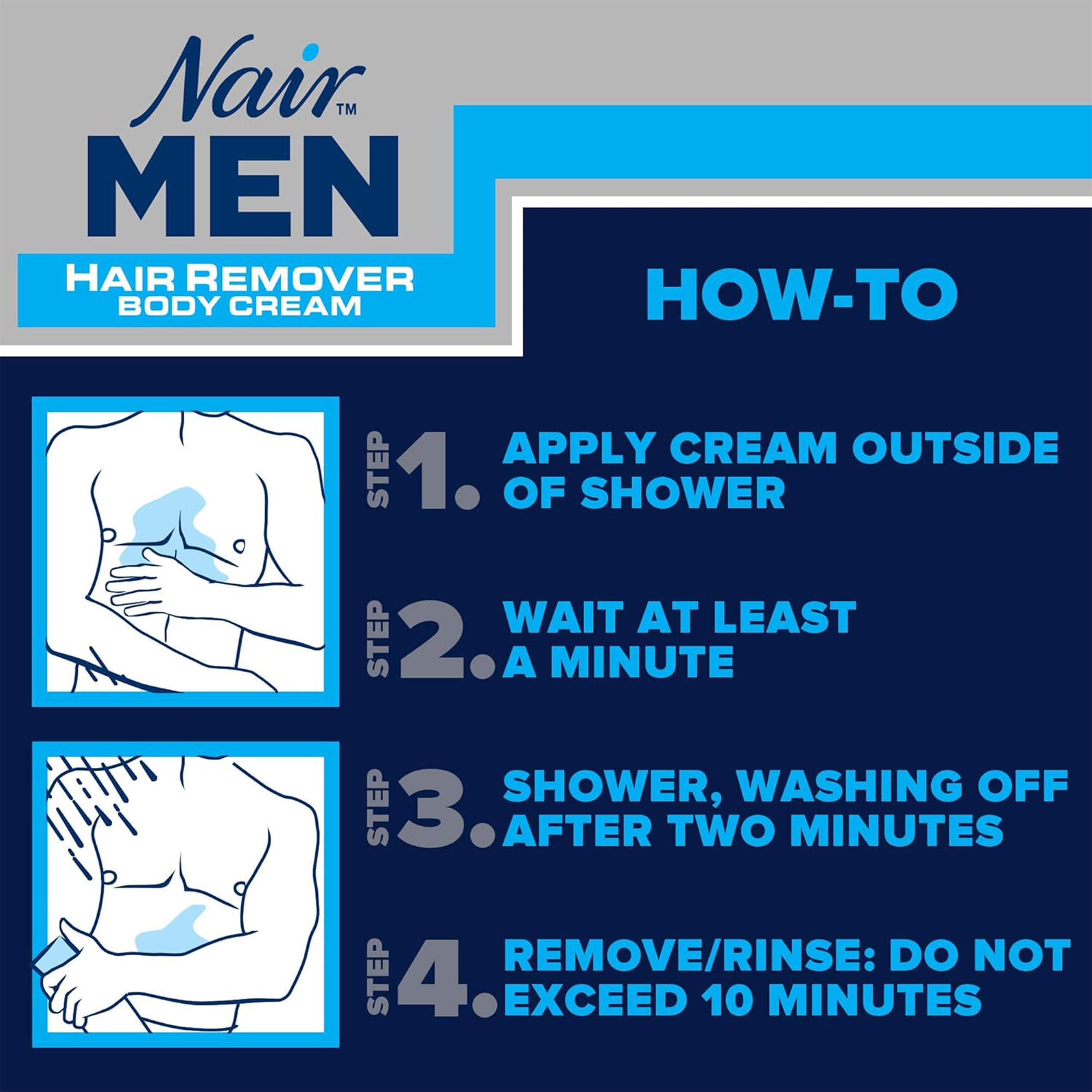 Nair Men Hair Removal Body Cream in shower demonstrates staying on during wet use.