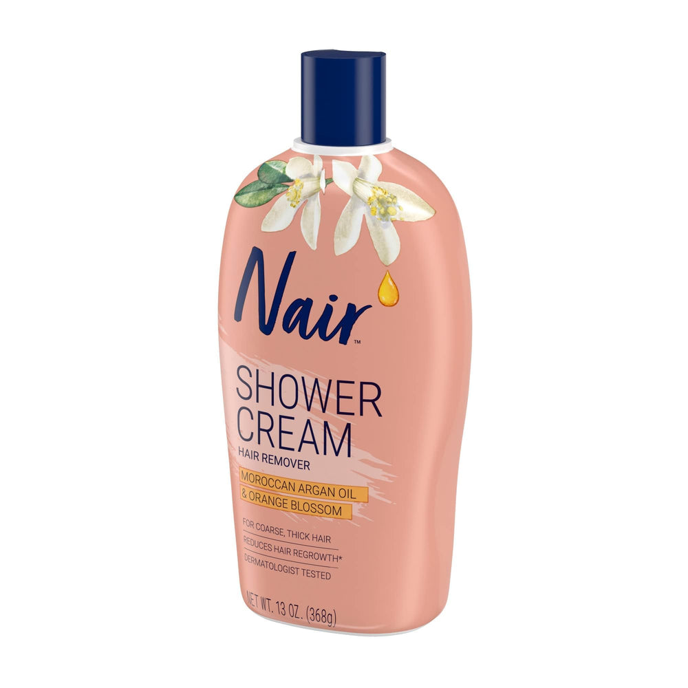 Nair Moroccan Argan Oil Shower Cream 13 oz tube emphasizes lasting smoothness.