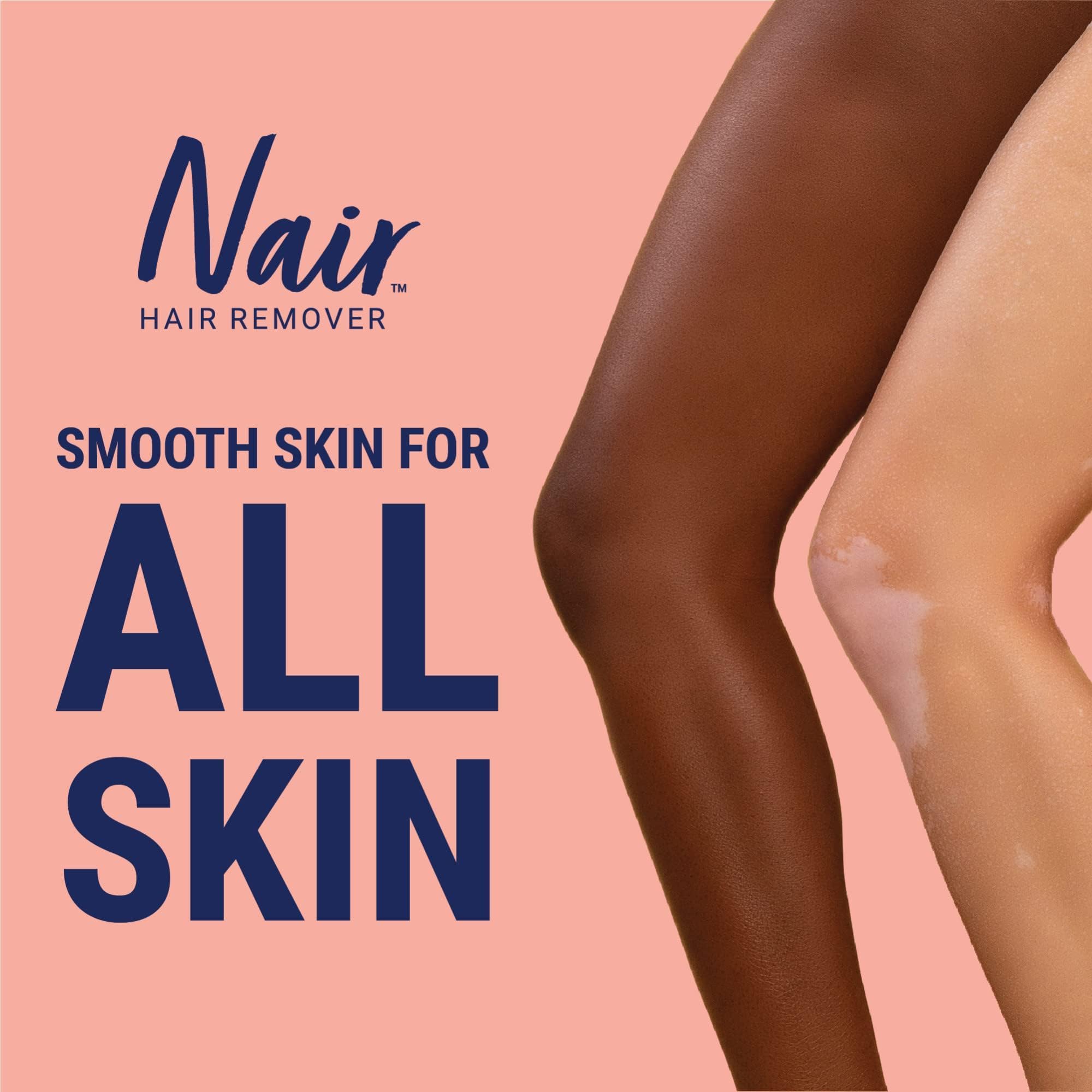 Nair Moroccan Argan Oil Shower Cream shown on legs and arms for body hair removal.