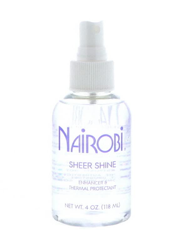 Nairobi Sheer Shine Enhancer bottle highlights a lightweight finish for glossy hair.