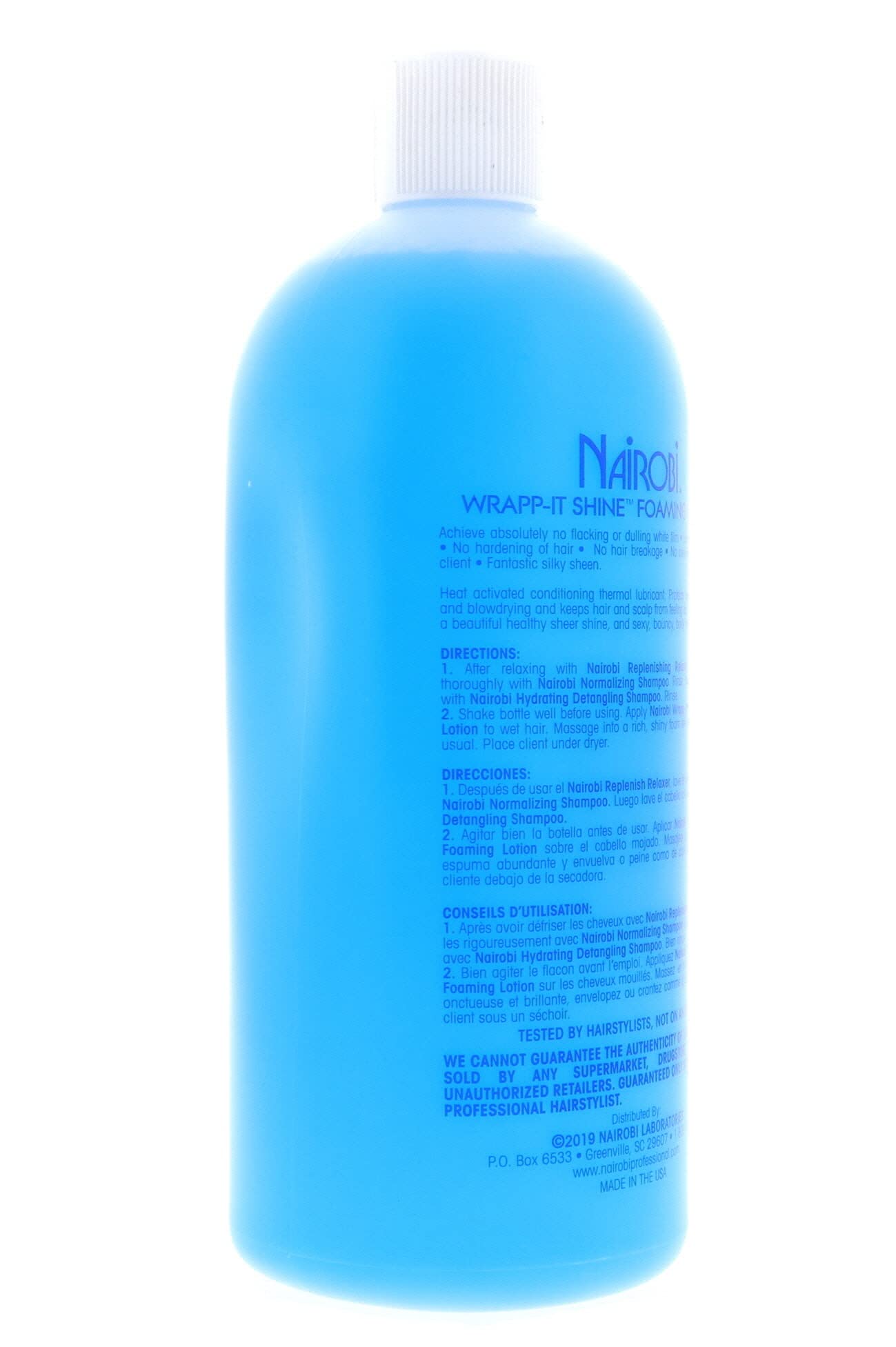 Nairobi Wrapp-It Shine Foaming Lotion 32oz packaging signals value for frequent styling sessions.