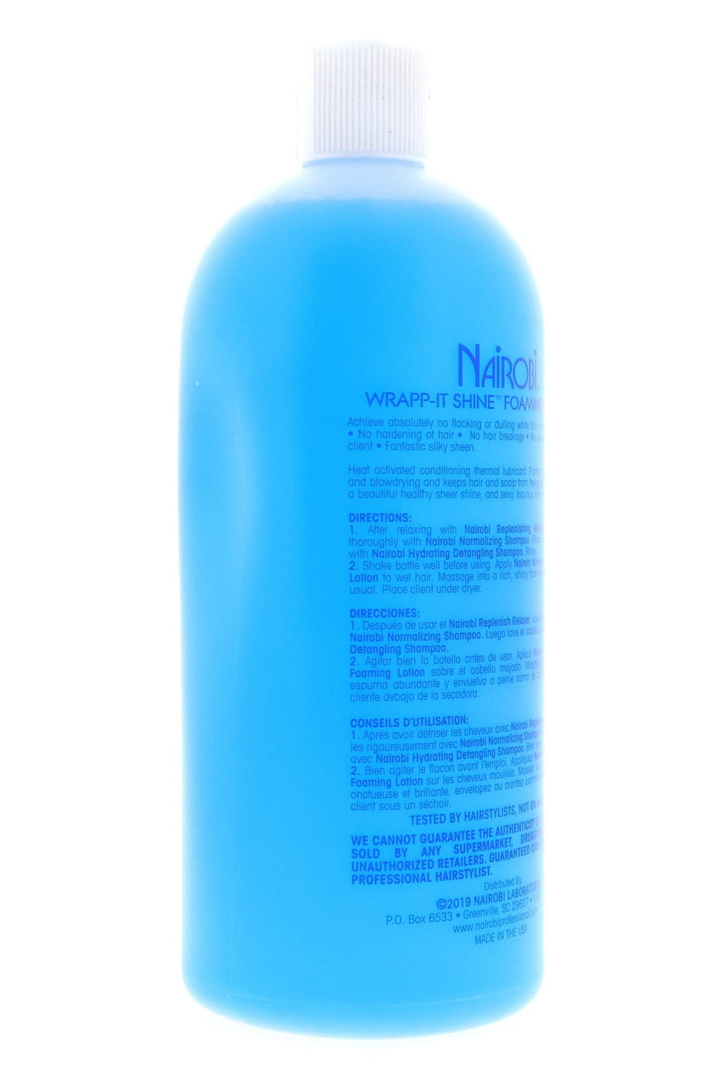 Nairobi Wrapp-It Shine Foaming Lotion 32oz packaging signals value for frequent styling sessions.