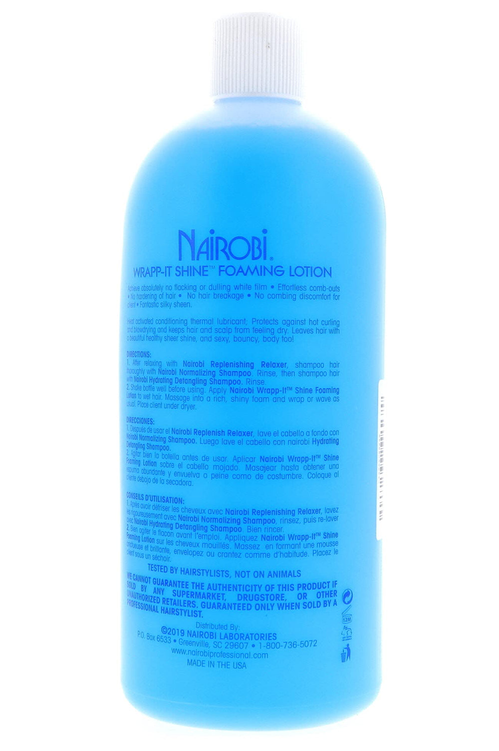Nairobi Wrapp-It Shine Foaming Lotion back label provides simple-use directions.