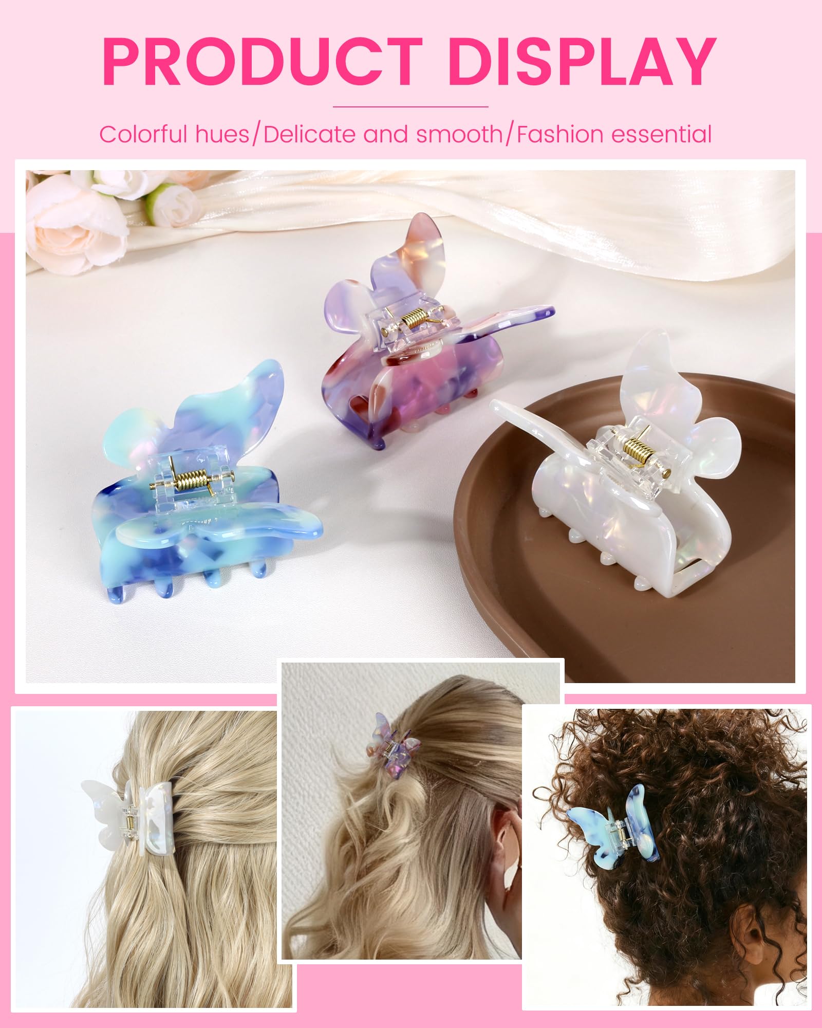 NAISIER butterfly hair clips pink-purple close-up highlights tortoise pattern.