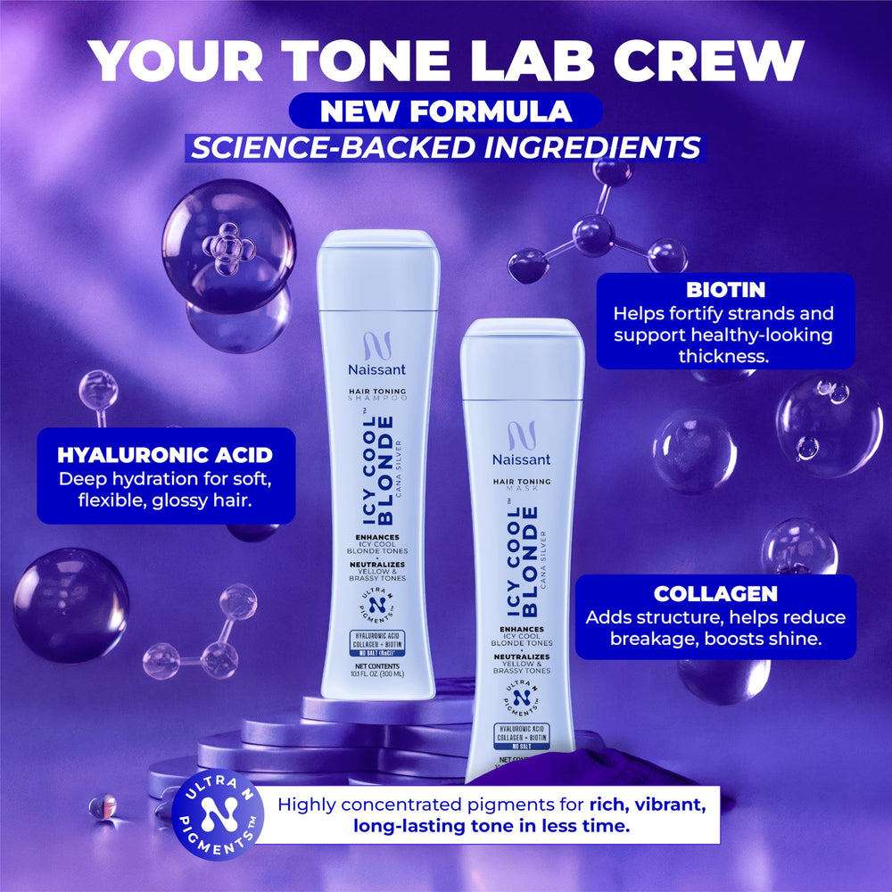 naissant Icy Cool Purple Toning Mask includes biotin and hydrolyzed collagen for hair resilience.