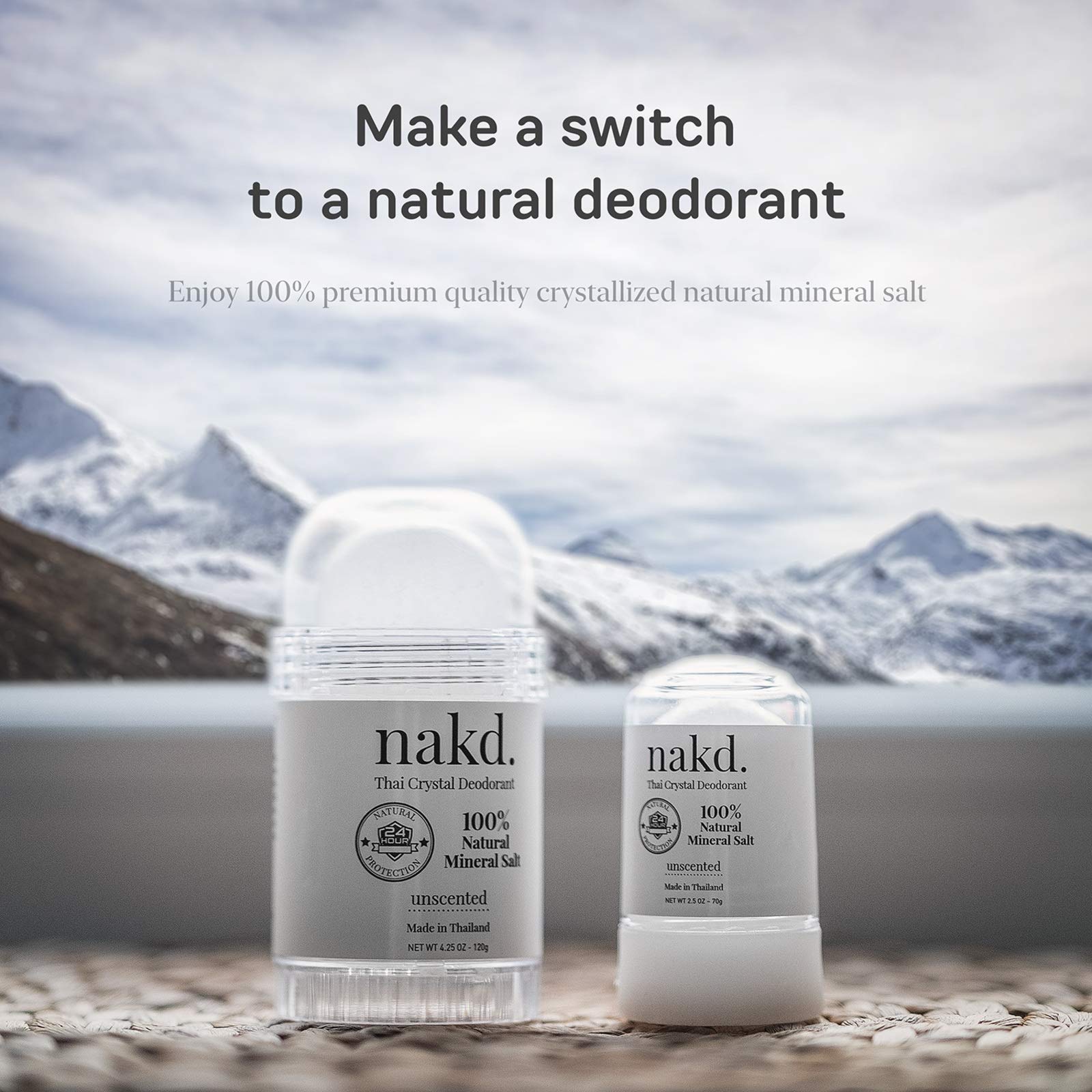 nakd. Thai Crystal Deodorant packaging highlights natural mineral salt and dual-stick bundle.