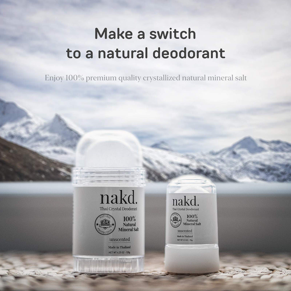 nakd. Thai Crystal Deodorant packaging highlights natural mineral salt and dual-stick bundle.