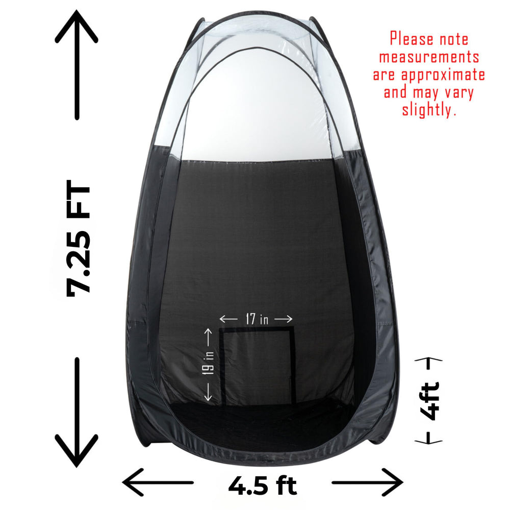 Naked Sun spray tan tent shows 7.25ft x 4ft x 4.5ft for spacious setups.