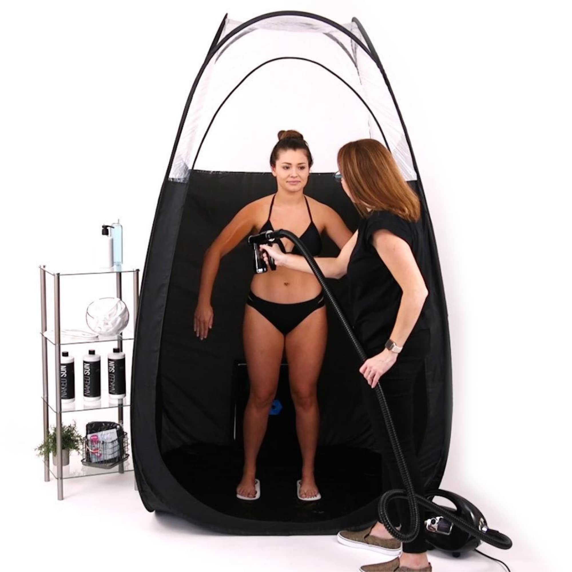 Naked Sun spray tan tent features a sturdy steel frame that resists warping.