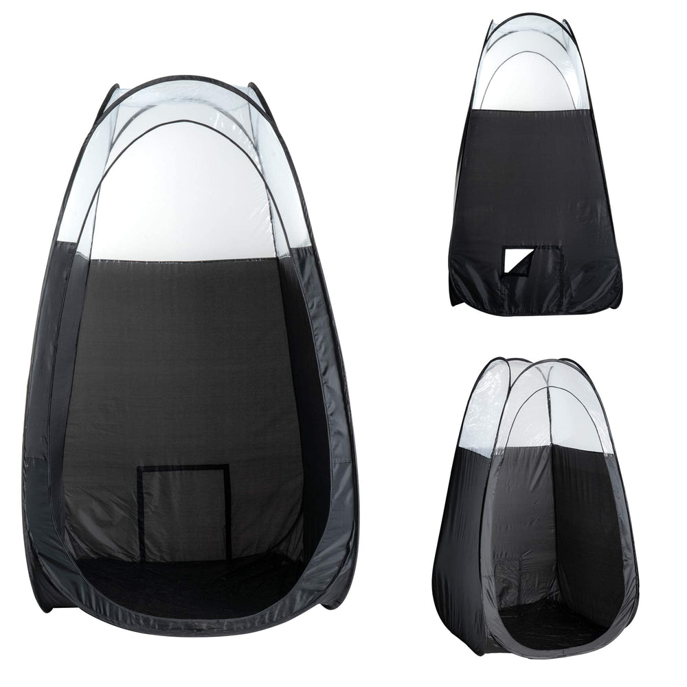 Naked Sun tent includes waterproof floor to catch overspray and simplify cleanup.