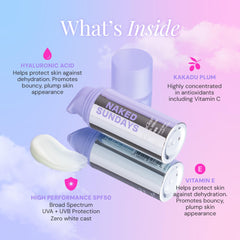 Naked Sundays Cabana Clear SPF50 fragrance-free label emphasizing gentle sunscreen for sensitive skin.
