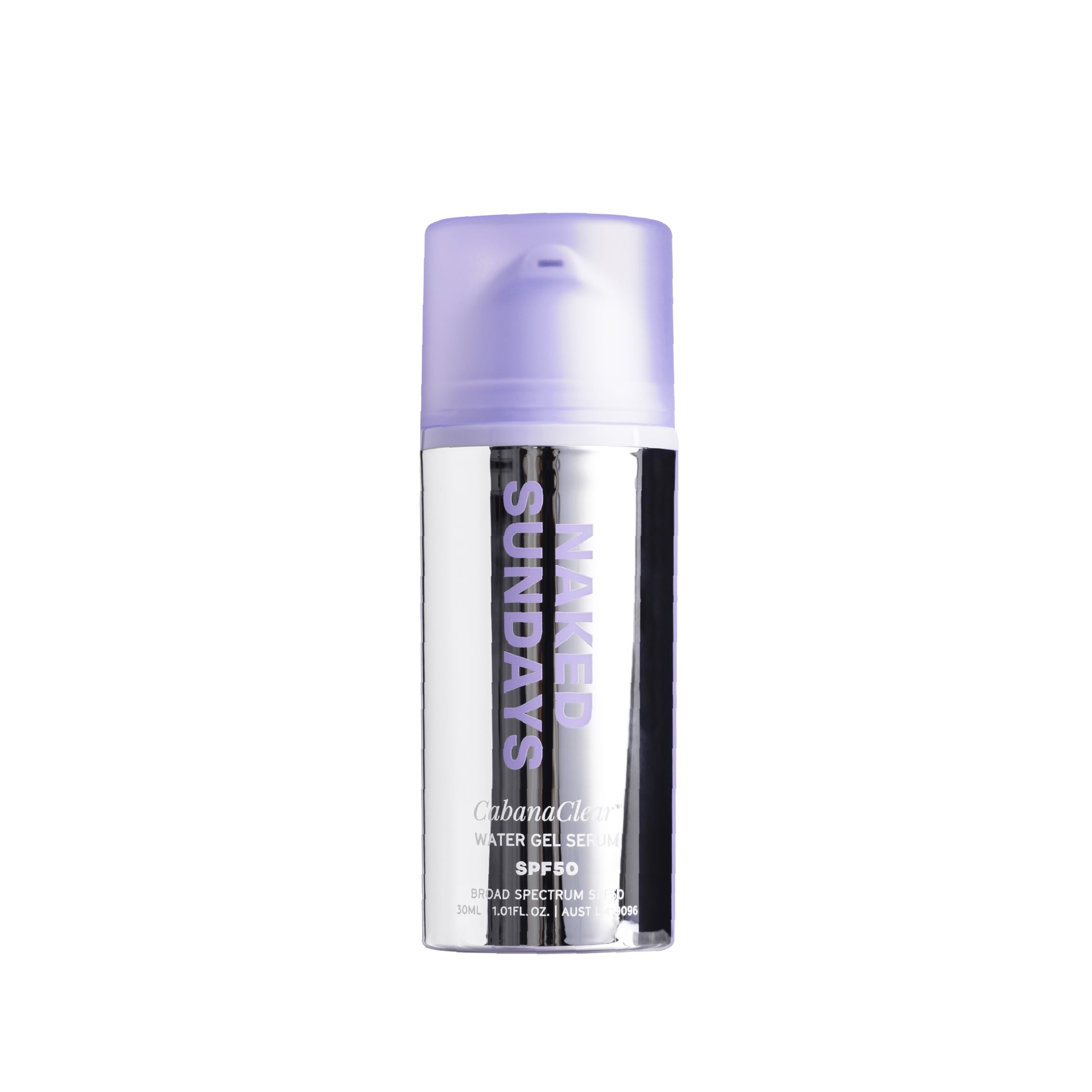 Naked Sundays Cabana Clear SPF50 invisible bottle showing weightless protection for all skin tones.