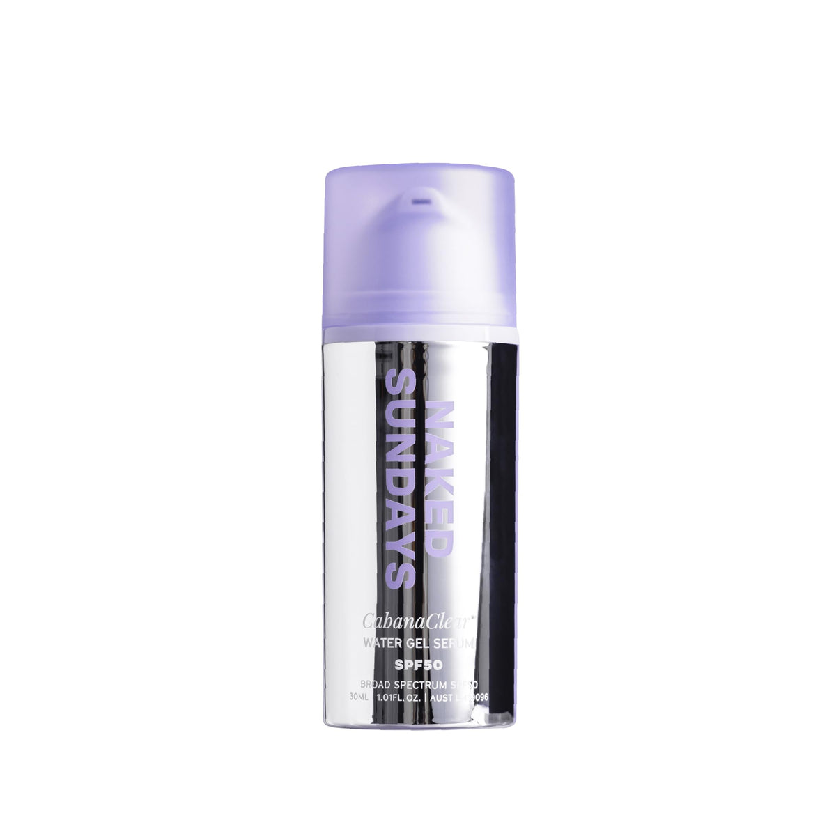Naked Sundays Cabana Clear SPF50 invisible bottle showing weightless protection for all skin tones.