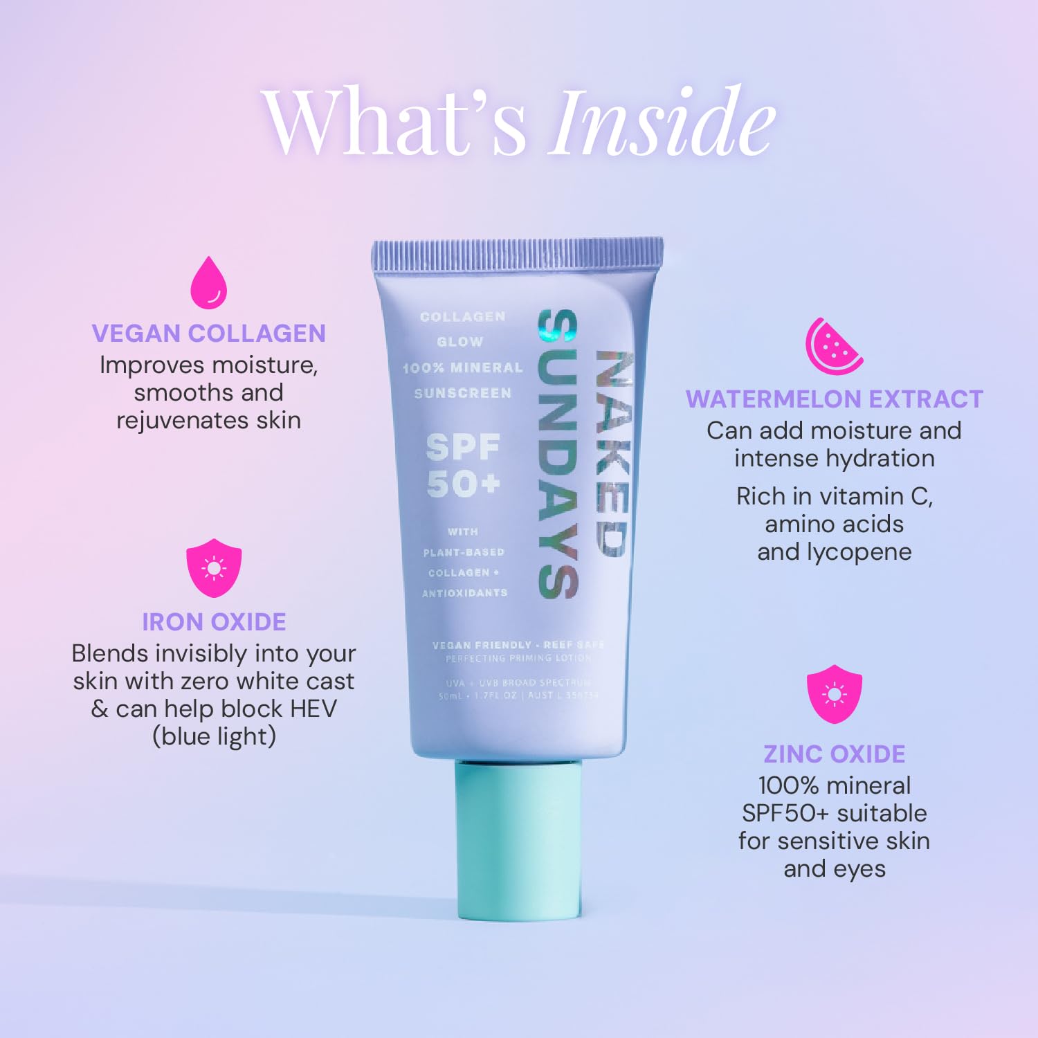 Naked Sundays fragrance-free texture emphasizes clean, sensitive-skin friendly sunscreen