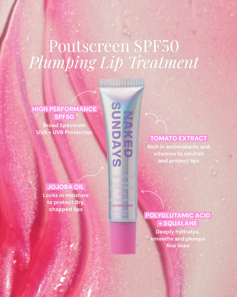 Naked Sundays PoutScreen jojoba oil nourishes and conditions lips visibly.