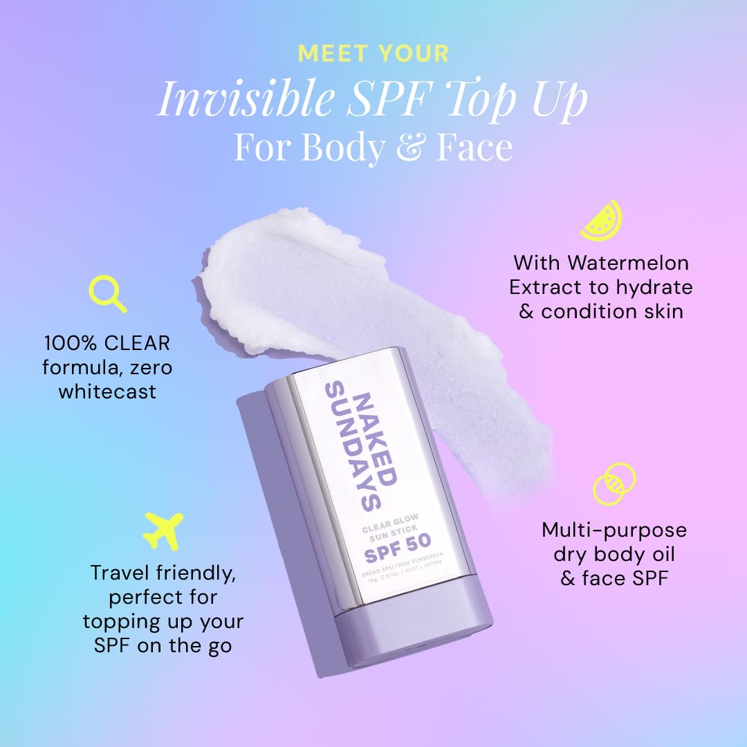 Naked Sundays SPF50 Clear Glow Sun Stick shows no white cast on skin