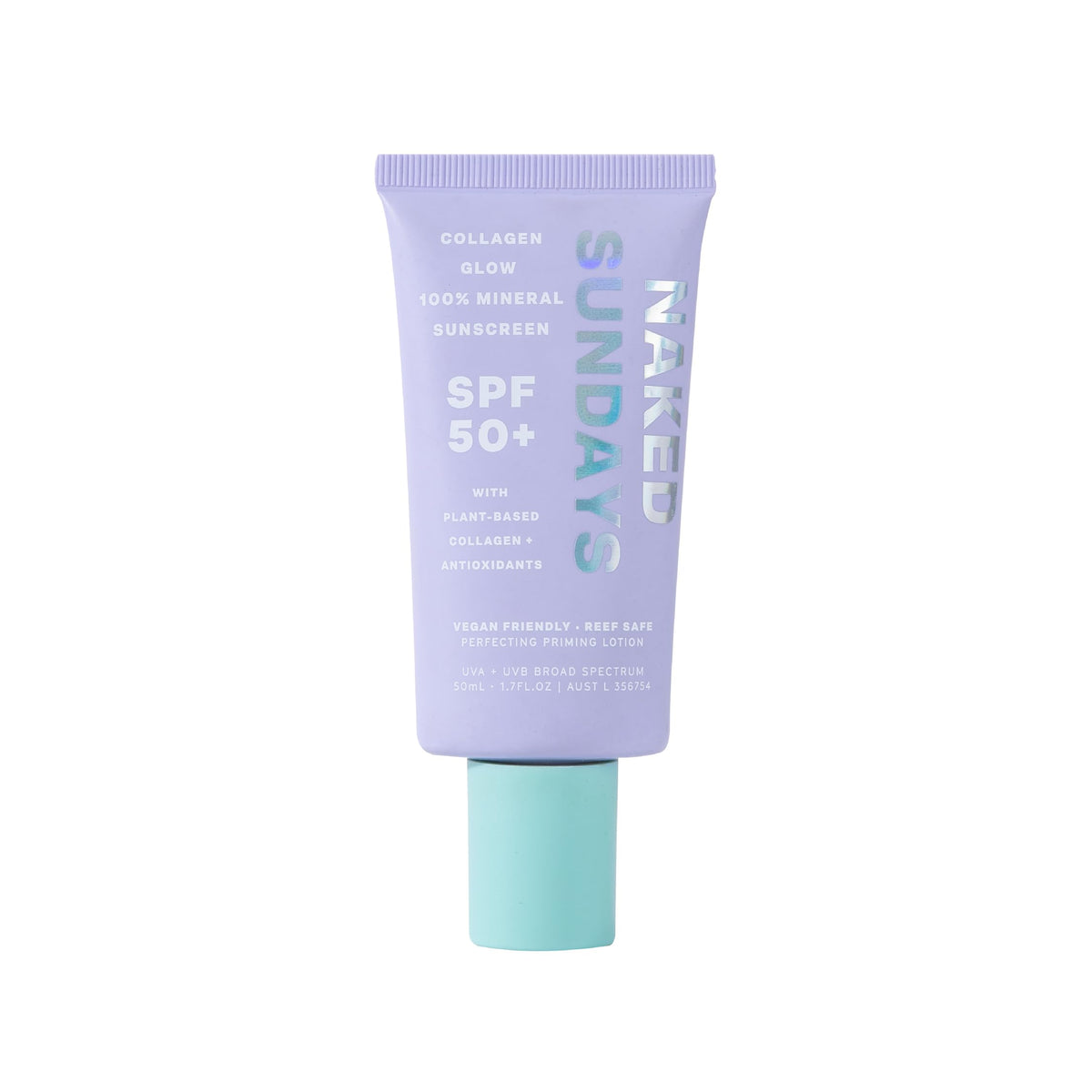 Naked Sundays SPF50 bottle close-up showing mineral sunscreen for daily protection and priming