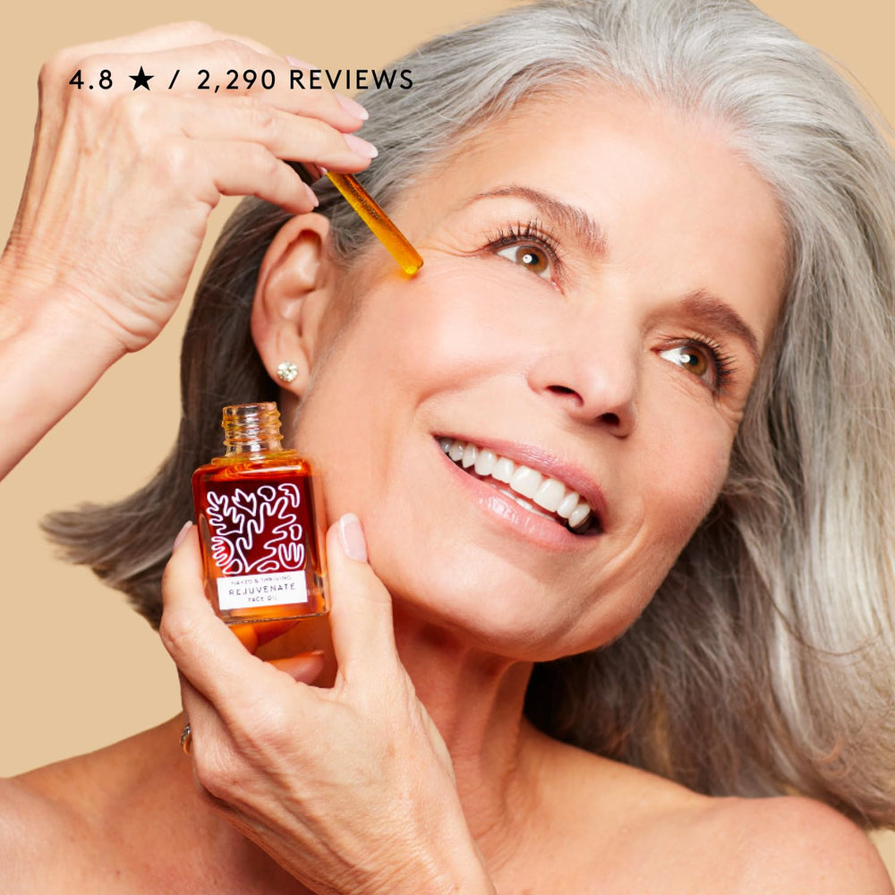 Naked & Thriving face oil glow image highlights a dewy, hydrated complexion.