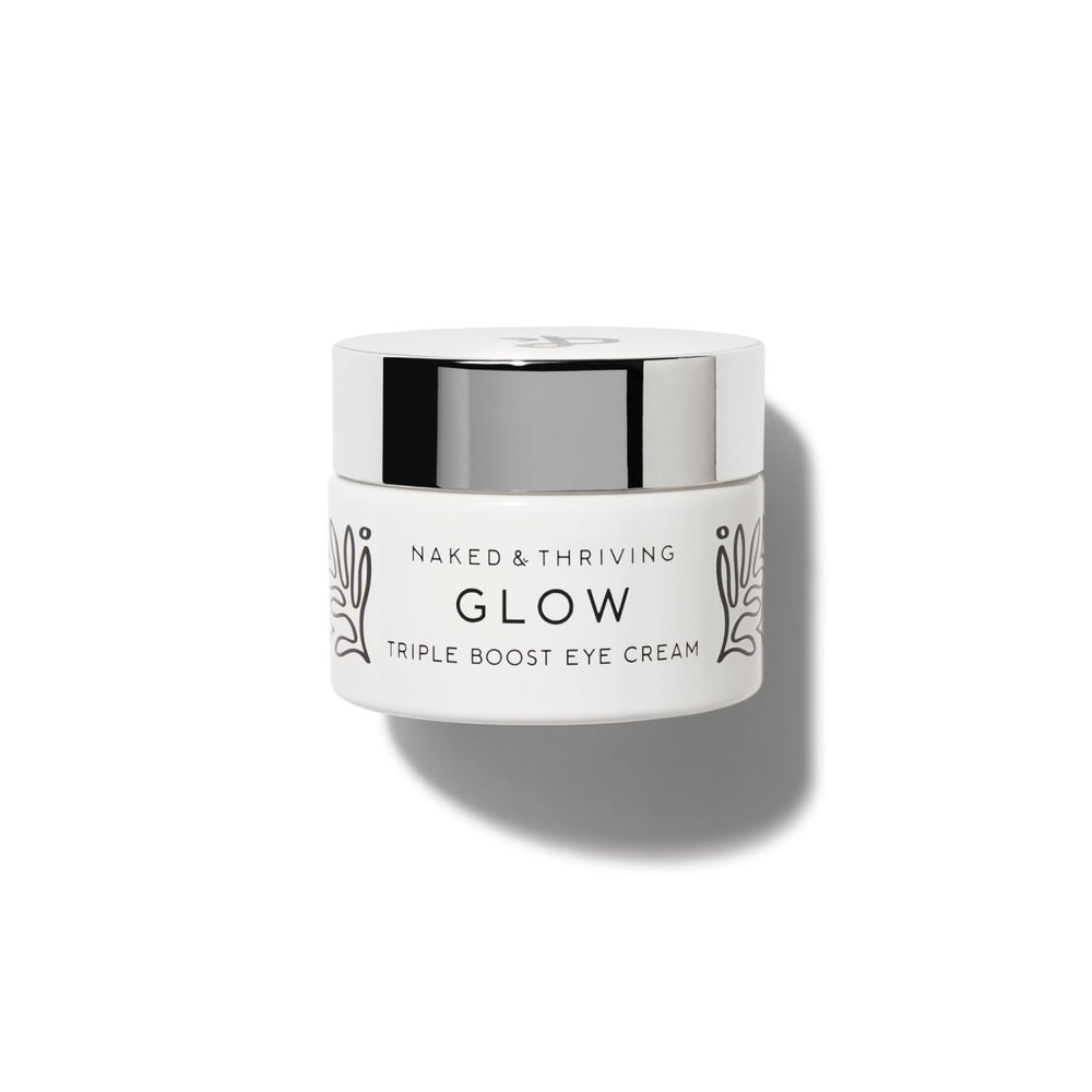 Naked & Thriving Glow Triple Boost Eye Cream jar closeup for radiant hydration.