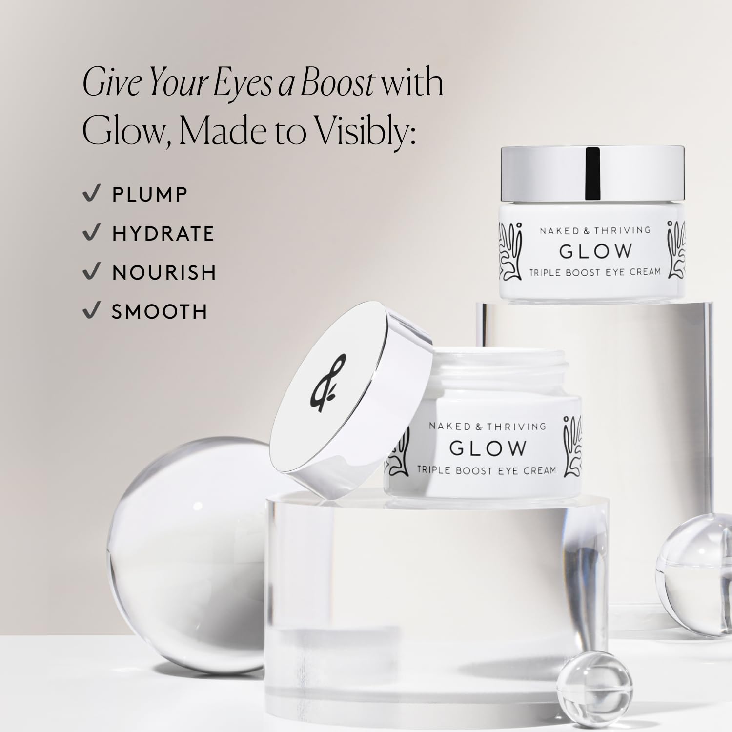 Naked & Thriving Glow Triple Boost Eye Cream packaging highlighting recyclable glass.
