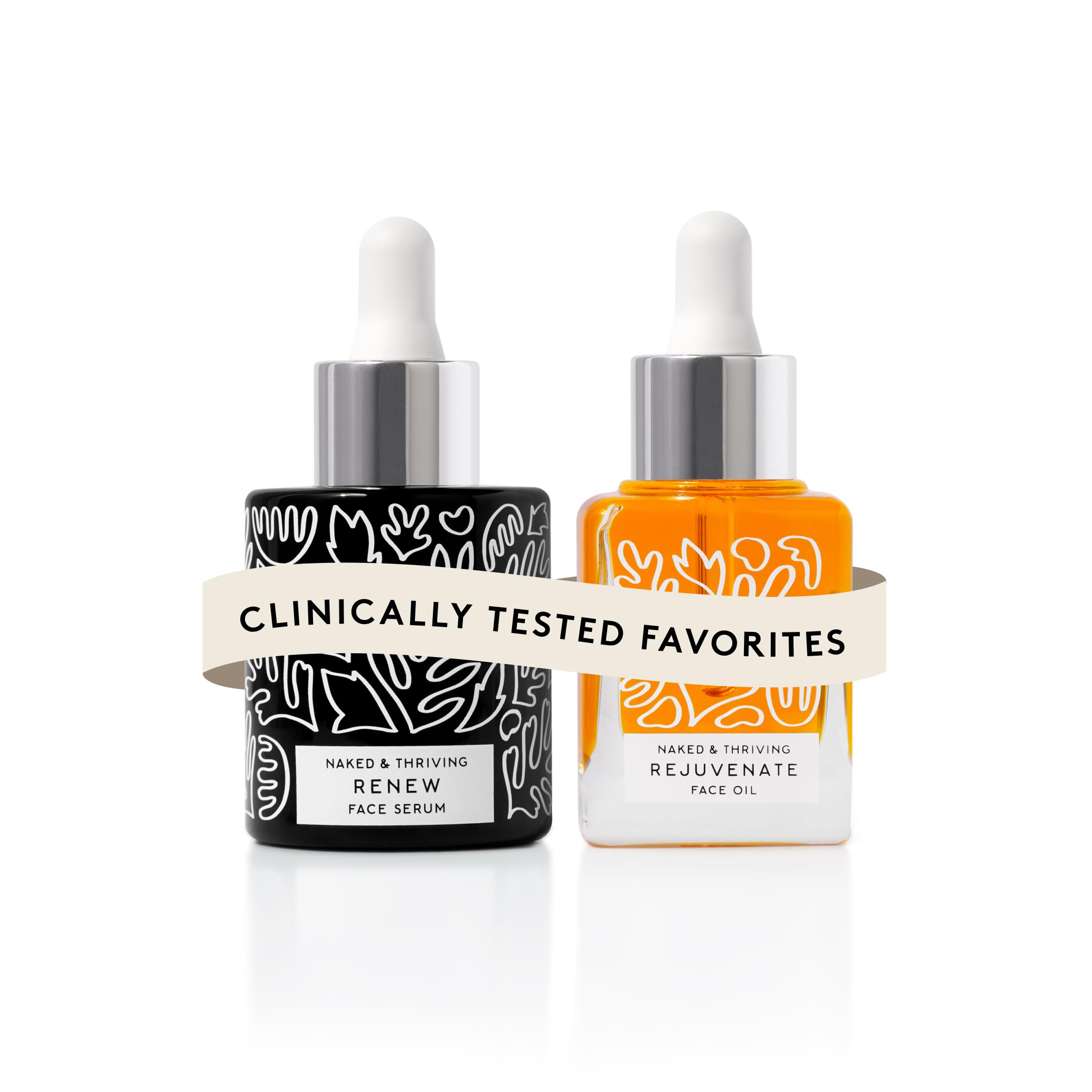 Naked & Thriving Renew serum bottle close-up highlighting hydrating night treatment.