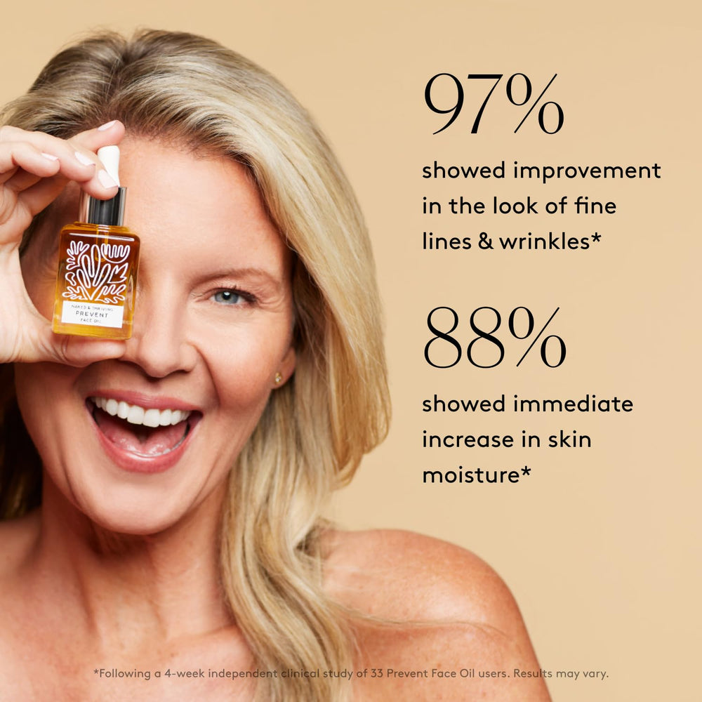 Naked & Thriving Prevent bottle emphasizes carrot seed oil targeting dark spots.