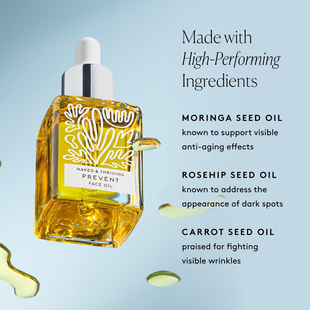 Naked & Thriving Prevent features moringa seed oil for a vibrant, glowing complexion.