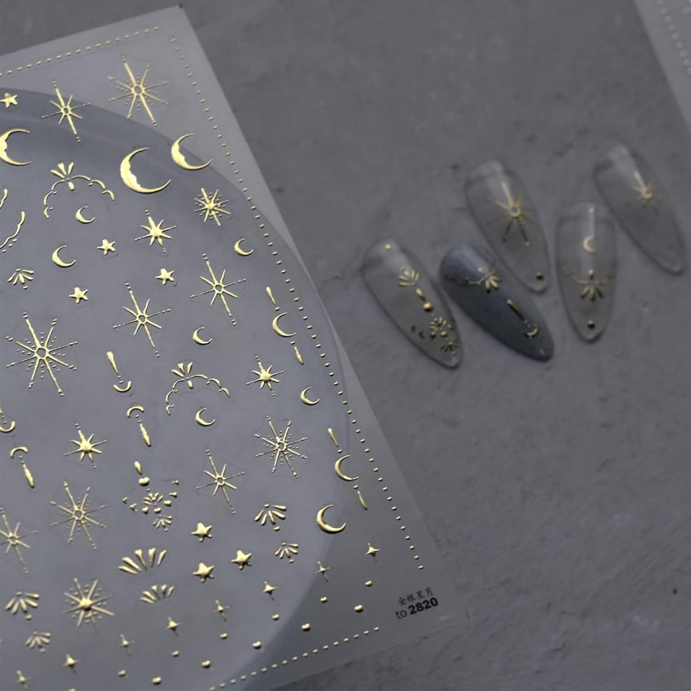 Namrec luxury moon star nail stickers close-up in gold for dazzling gel polish accents.