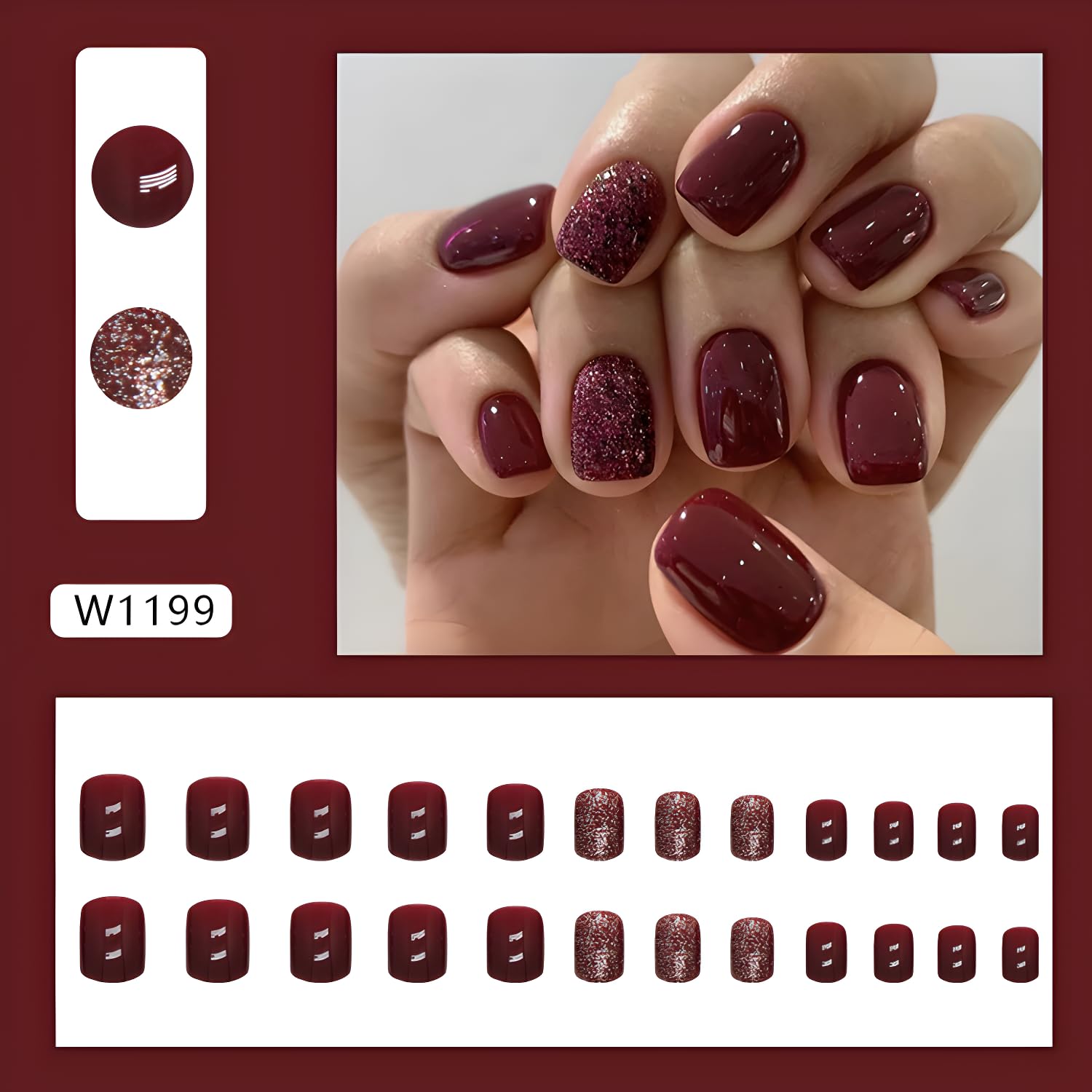 Namrec red press-on nails glitter design short square tips for elegant daily wear