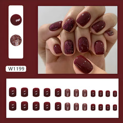 Namrec red press-on nails glitter design short square tips for elegant daily wear