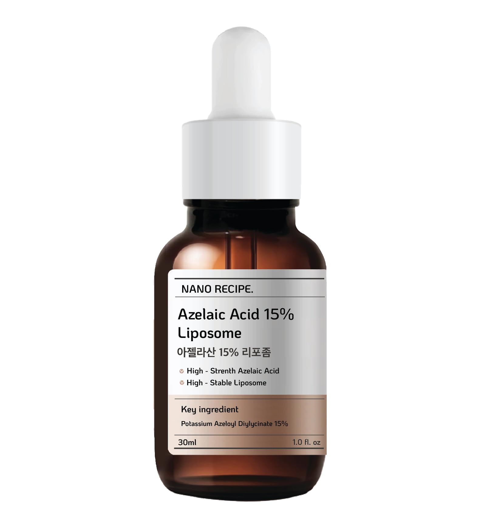 Nano Recipe azelaic serum bottle closeup highlighting premium packaging and balanced-skin promise