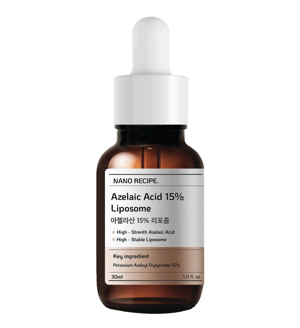 Nano Recipe azelaic serum bottle closeup highlighting premium packaging and balanced-skin promise