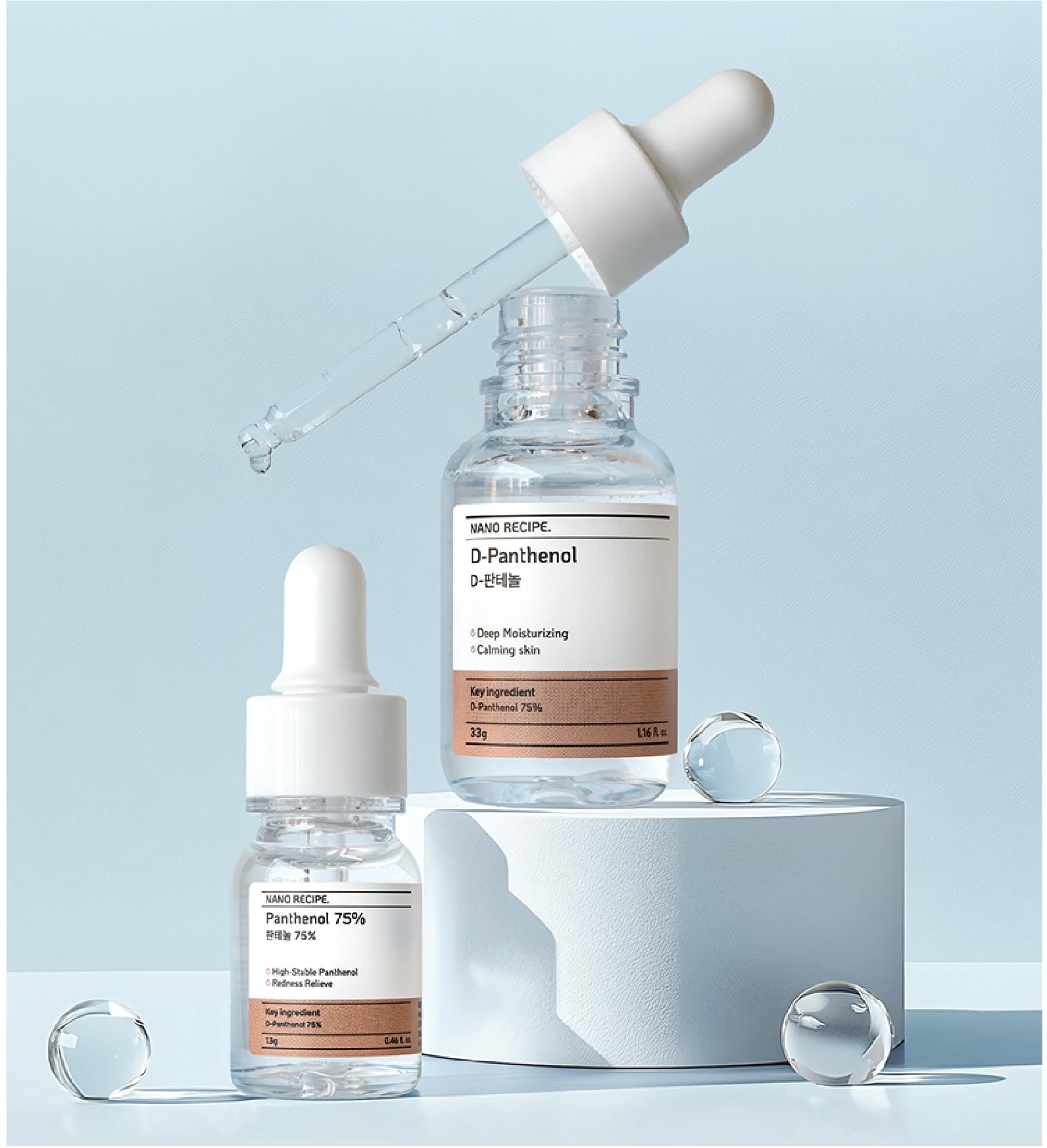 Nano Recipe D-Panthenol label close-up shows paraben-free and fragrance-free formula.