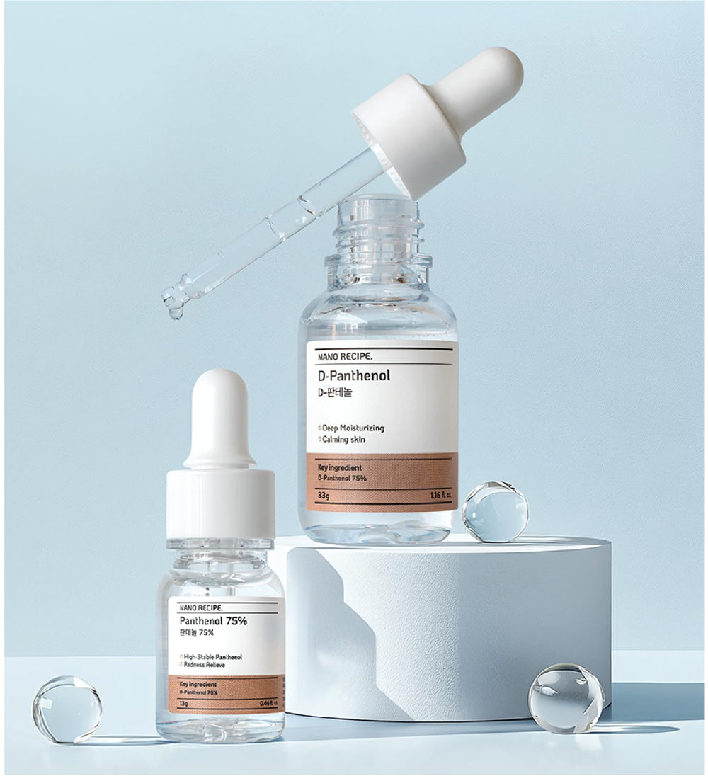 Nano Recipe D-Panthenol label close-up shows paraben-free and fragrance-free formula.