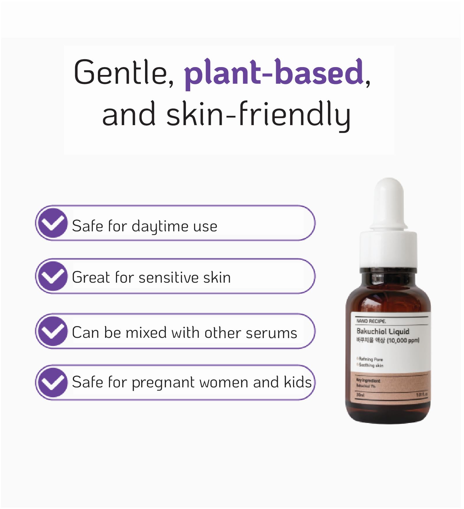Nano Recipe bottle label shows vegan-certified, safe botanical formula for sensitive skin