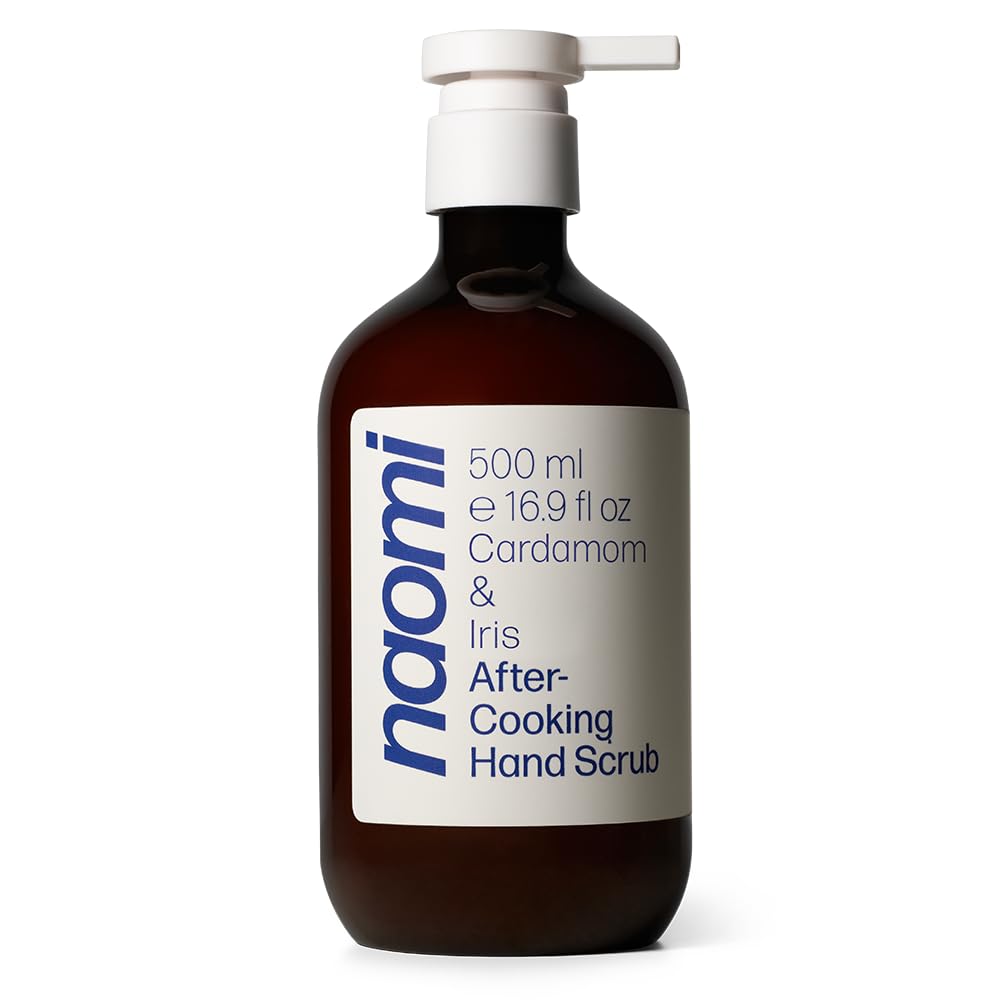 Naomi After-Cooking Hand Scrub bottle shows premium hand wash for stubborn kitchen odors.