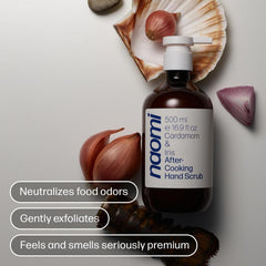 Naomi After-Cooking Hand Scrub lather close-up highlights creamy foam and gentle exfoliation.