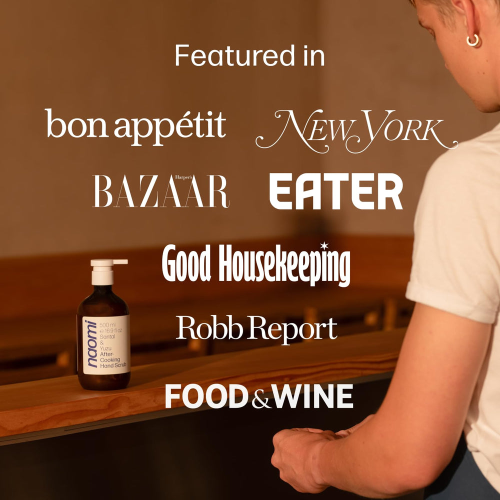 Naomi Hand Scrub on kitchen counter suggests quick odor relief after cooking.