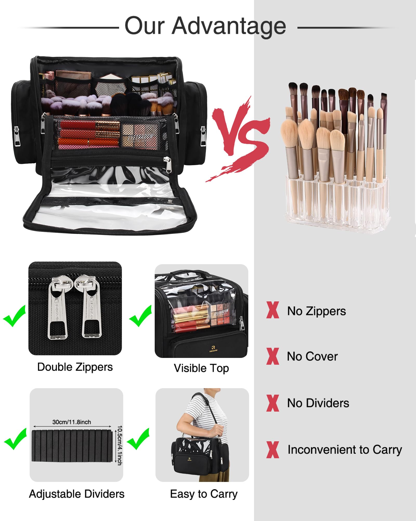NAONAYA makeup bag has a handle and strap for easy carrying and luggage attachment.