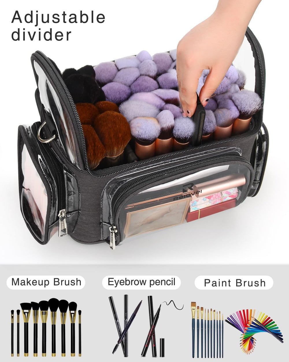NAONAYA makeup brush case front pocket mesh slot stores palettes securely.