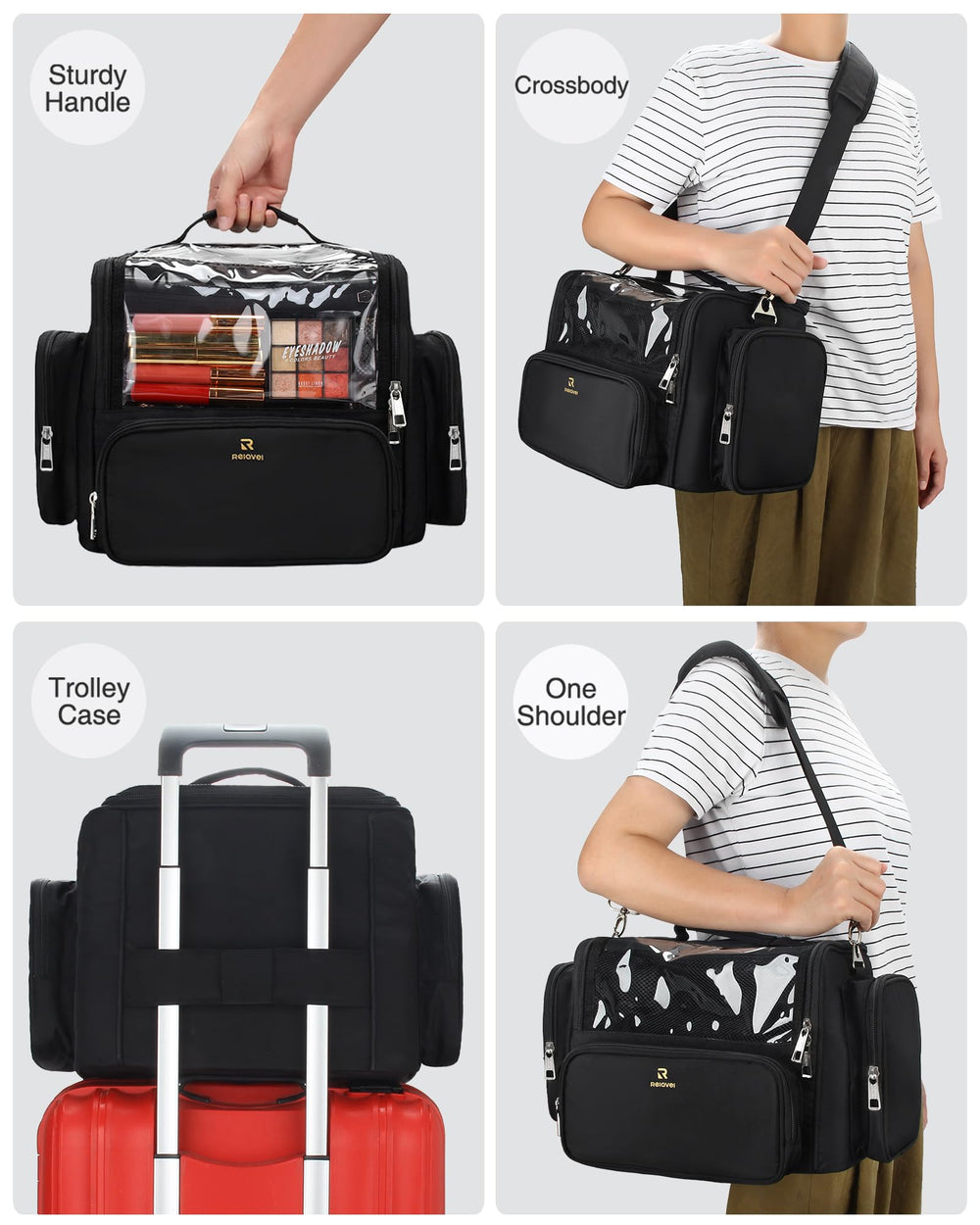 NAONAYA makeup organizer with multiple pockets stores skincare, tools, and cosmetics.