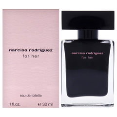 Narciso Rodriguez For Her 1oz bottle front view showing pink glow for daytime wear.