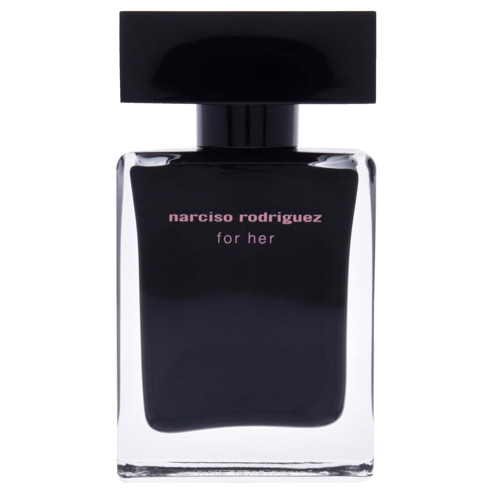 Narciso Rodriguez For Her 1oz pink-cap closeup highlighting elegant packaging and everyday sophistication.