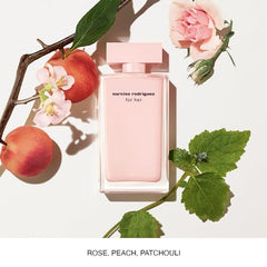 Narciso Rodriguez For Her EDP packaging image shows chic pink bottle, casual wear appeal.