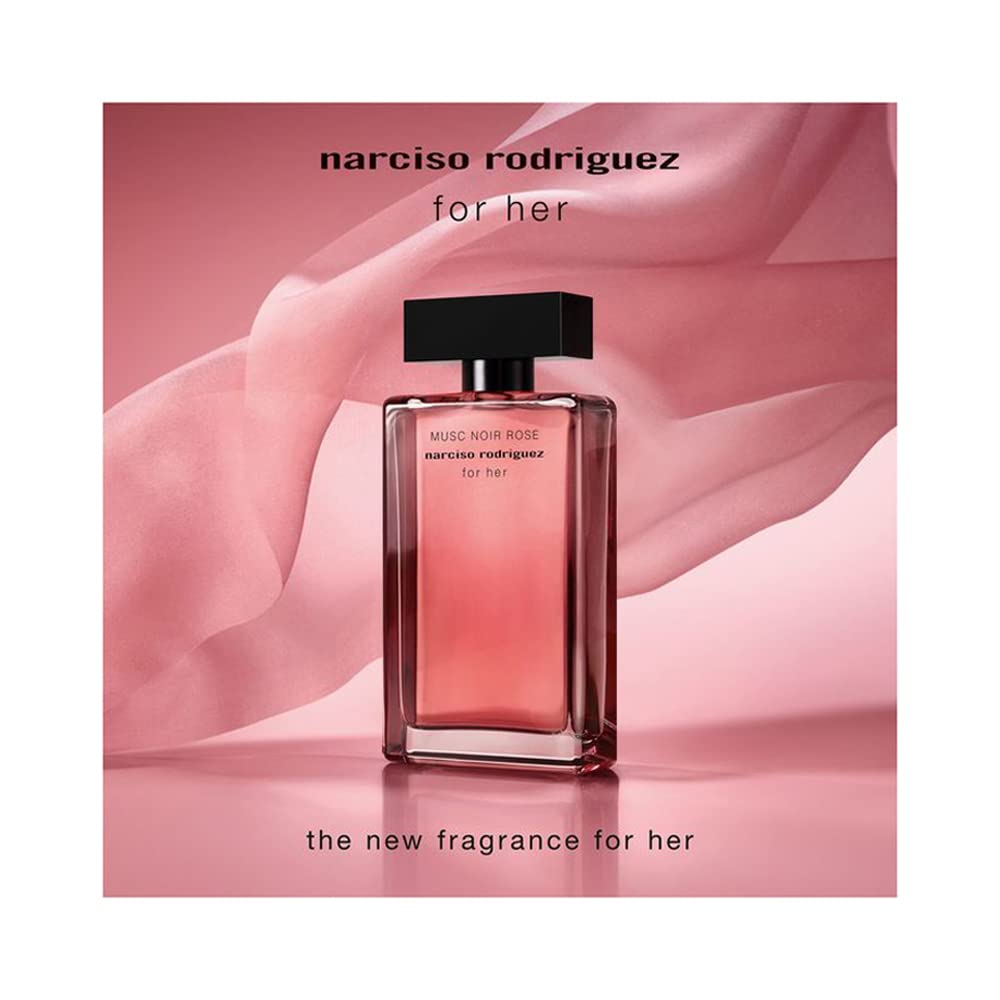 Narciso Rodriguez Musc Noir Rose on dressing table beside cosmetics for everyday routine